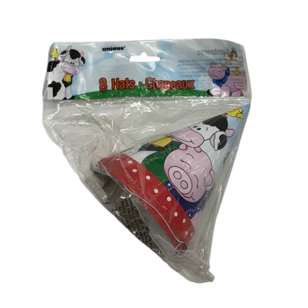 Unique brand set of 8 barnyard theme party hats new in packaging never opened!